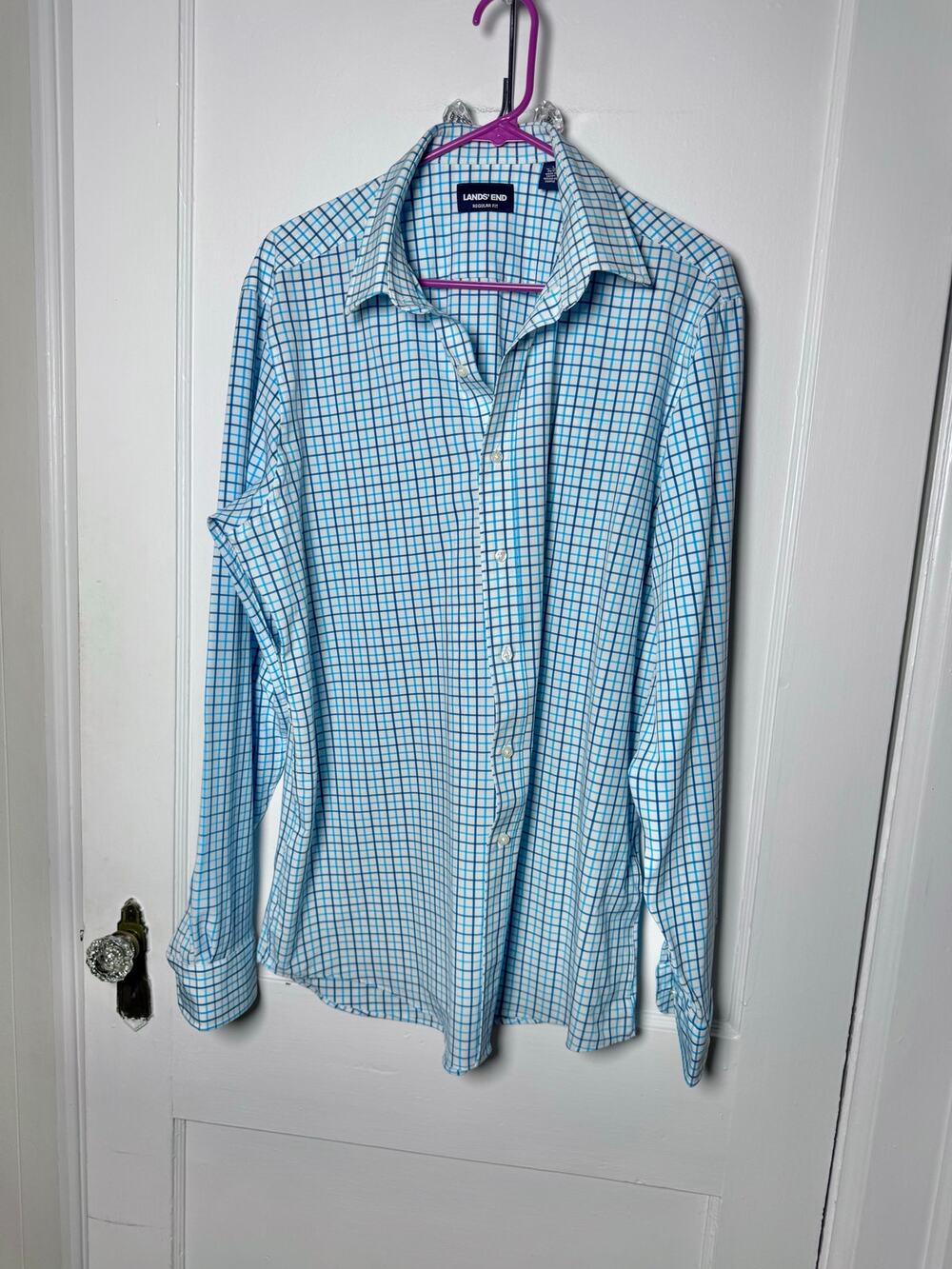 Lands' End Blue Gingham Plaid Performance Preppy Regular Fit Button Down Shirt L